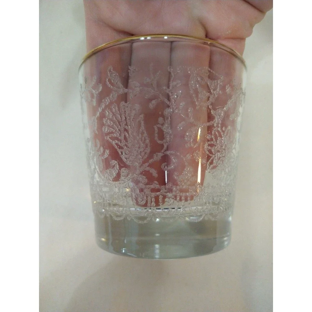 Set of 2 Vintage Gold Band Rim Whiskey Glasses Raised Floral Etch Old Fashioned
